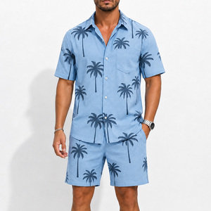 Conjunto de Dos Piezas para Hombre, Camisa de Manga Corta de Secado Rápido con Estampado de Palmeras y Pantalones Cortos, Ropa de Playa Informal de Verano, Estilo Hawaiano - Product Image 1