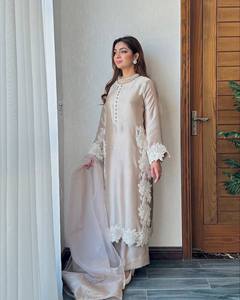Cream <b>Indian</b> Pakistani Outfit Set Long <b>Top</b> Embroidered Dress with Dupatta Pearl Moti Lace Party Wear - Product Image 1