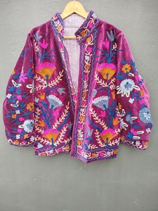 Bohemian Hand Embroidered <b>Velvet</b> Reversible Quilted Eco-Friendly Floral Ethnic Winter <b>Jacket</b> for <b>Women</b> - Product Image 6