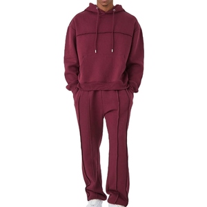 Ensemble pantalon et sweat-shirt à capuche en tricot pour homme, couleur bordeaux, décontracté, pour l'automne, 100% coton, respirant, en molleton, deux pièces - Product Image 1