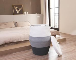 Tall Extra <b>Large</b> Cotton Rope Storage Basket with Lid Woven Laundry <b>Hamper</b> for Clothes Towels Home Organization - Product Image 4
