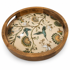 Premium <b>Round</b> Wood Enamel Serving <b>Tray</b> with Floral Bird Print Built In Handles Handmade Decorative Platter for Dining <b>Table</b> - Product Image 1