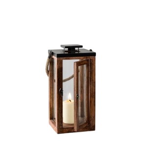 Handcrafted Rustic Wooden Lantern with Rope Handle and Metal Top Decorative Candle Holder for Farmhouse Home Decor - Product Image 1