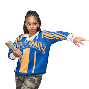 Sigma Gamma Rho Polo Sweater Women Blue Gold Knit Greek Letter Striped <b>Pullover</b> Premium Casual Stylish Top - Product Image 4