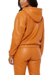 Survêtement à capuche en similicuir orange pour femme, coupe ample, pantalon de jogging ajusté - Product Image 5