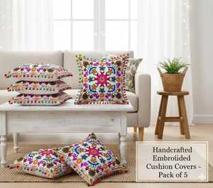 Embroidered Cushion Covers (<b>Set</b> of 5) | White Floral Pom Pom Decor - Product Image 1
