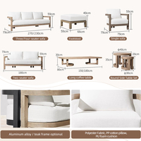 Canapé d'extérieur tout temps à profil bas avec structure en bois massif apparente et pieds, tabouret de luxe en bois, ensemble de conversation pour patio