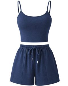Custom Navy Blue Women Camisole And Shorts <b>Set</b> Summer Two Piece Outfit Cotton Blend Crop Top Drawstring Shorts Casual Lounge <b>Set</b> - Product Image 1
