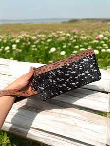 Hand Tooled Fashion Silver Acid Wash Cowhide Long <b>Wristlet</b> Western Style Accessory Zipper Closure Long Card Holder Lady Purses - Product Image 3