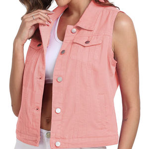 Women's Vintage <b>Lace</b> Waterproof Pink Denim Vest Sleeveless Turn-Down <b>Collar</b> Single Breasted Button Front Casual Outerwear - Product Image 3