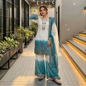 White & Teal Ombre Embroidered <b>Kurti</b> Palazzo Set with Dupatta – Designer Ethnic Party Wear Salwar Suit for Women - Product Image 1