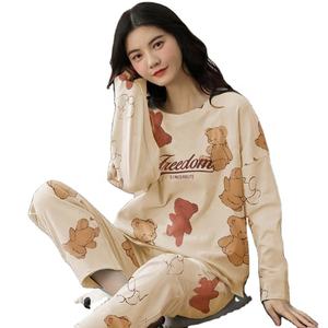 High Quality Indian Cotton Pajamas Set Custom Pattern Letter Printed Knitted Jersey Biowashed Summer Autumn Spring <b>Women's</b> - Product Image 1