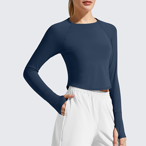 Hauts de yoga pour femmes, vêtements de sport de haute qualité, doux, en spandex/nylon, col rond, manches longues, coupe ajustée, pour femme - Product Image 1