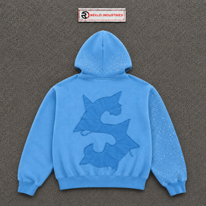 Sudadera con capucha azul claro premium FAST MONEY, estilo streetwear, para uso diario, con cremallera frontal oversize y estampado en relieve, de algodón francés. - Product Image 6