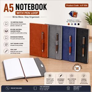 สมุดโน้ตปกหนัง PU พรีเมียม A5 แบบเย็บนุ่ม พร้อมห่วงเก็บปากกา กระดาษฟอยล์ 100 แกรม พร้อมริบบิ้นคั่นหน้า สำหรับสำนักงาน โรงเรียน หรือเป็นของขวัญ - Product Image 1