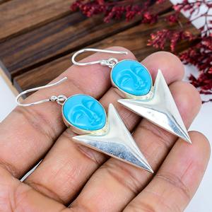 Boucles d'oreilles pendantes en pierre sculptée bleue, argent sterling 925, bijoux artisanaux bohèmes faits à la main, cadeau pour elle - Product Image 2