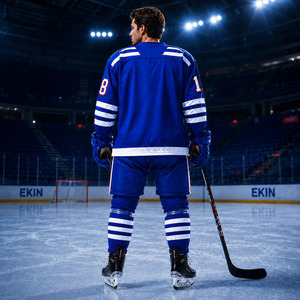 Maillot de hockey sur glace bleu classique avec rayures blanches et numéro 8, manches longues, col en V, respirant, polyester, unisexe adulte, tenue de sport - Product Image 4