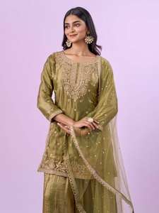 Ensemble Kurti et Palazzo en soie Fandy brodée avec dupatta en filet doux orné de motifs Moti, tenue de soirée ethnique élégante, tailles S à 3XL, nouveauté - Product Image 3