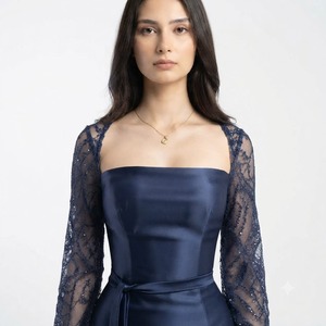Vestido de noche de encaje con cuentas azules, largo hasta el suelo, vestido formal con cuello cuadrado y manga larga, vestido de fiesta y boda - Product Image 4