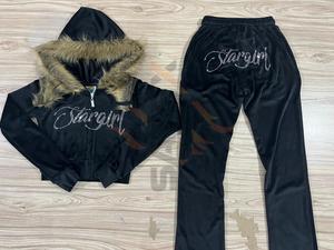 Winter Diamond <b>Rhinestones</b> Letter Y2K Women's Casual 2-Piece Breathable Plus Size Velvet Hooded Tracksuit Set Crop <b>Jacket</b> - Product Image 3