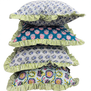 Meilleures Housses de Coussin Bohèmes en Coton Faites à la Main, Luxe, Imprimé Indien au Bloc, Volants, Motifs Floraux, Personnalisables - Product Image 1