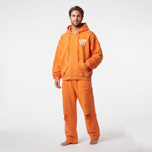 Wholesale High Quality Men Cotton Fleece Tracksuit Distressed <b>Full</b> <b>Zip</b> <b>Hoodie</b> Drop Shoulder Relaxed Fit Jogger - Product Image 5