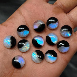 มูนสโตน แบล็ค โอบซิเดียน ดับเบิ้ลท์ รูปทรงกลม คาโบชอง สีฟ้าประกาย  แบบหลวม  ฐานแบน  หินธรรมชาติ สำหรับทำเครื่องประดับ - Product Image 2