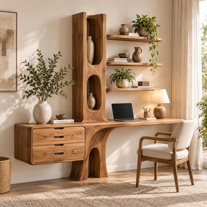 Escritorio de Madera Contemporáneo para Montar en la Pared con Estantes en Forma de Árbol y Cajón para Oficina en Casa - Product Image 1
