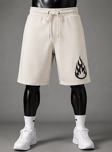 Shorts Bermuda en Coton Crème pour Homme avec Imprimé Flamme, Taille à Cordon, Style Décontracté Sportif, Coupe Mi-Haute Respirante - Product Image 1