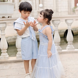 Brian's New Design Kids Tenues 2 pièces pour l'été Chemise blanche à manches courtes et short bleu avec motif solide pour la saison d'automne - Product Image 5