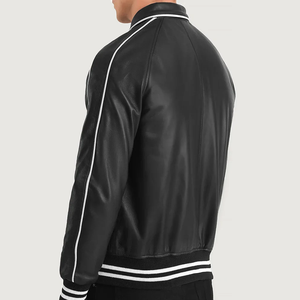 Men's Black PU Leather Bomber Jacket With White Trim Zip Closure Turn-down Collar Regular Fit Autumn Wear - Product Image 5