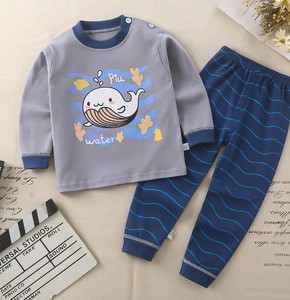 Ensemble pyjama à manches longues pour filles, avec imprimé baleine, pantalon rayé bleu, vêtements de nuit confortables - Product Image 2