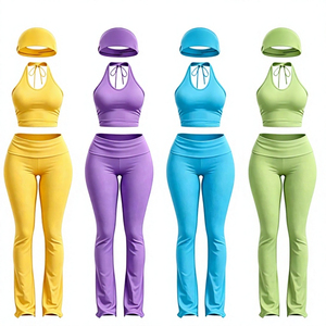 Ensemble de yoga 3 pièces sexy pour femme : survêtement personnalisé, haut dos nu, leggings évasés et bandeau assorti pour la gym et le fitness - Product Image 1