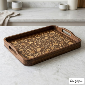 Handcrafted Wooden Inlay Floral Pattern Serving Tray Handles Lightweight Movable Wedding Diwali Decorative Tea <b>Coffee</b> Food - Product Image 2
