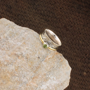Natural Bezel Setting Two-Tone Gold Accent Meditation Anxiety Fidget <b>Spinner</b> <b>Ring</b> 925 Sterling Silver Hammered Band Unisex - Product Image 4