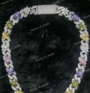 Collar de Plata 925 con Incrustaciones de Diamantes de Moissanita Multicolor, Diseño Floral, Estilo Cubano, Joyería para Fiestas Hip Hop - Product Image 2
