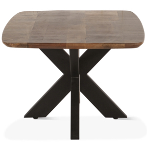 Table basse ovale en bois de manguier massif industriel avec plateau incurvé et pieds pliants en métal en forme d'araignée, finition brute noire et naturelle - Product Image 3