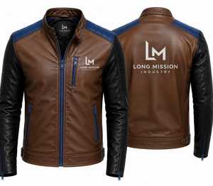 Men's Brown Leather Heated Moto <b>Biker</b> <b>Jacket</b> Mandarin Collar Zipper Closure Front Logo Winter Wear Regular Sleeve Slim Fit - Product Image 2