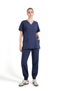 Conjunto de Uniforme Médico para Mujer, Color Azul Marino, Blusa con Cuello en V y Bolsillos, Pantalones Tipo Jogger, Tela Tejida de Algodón y Poliéster - Product Image 2