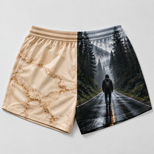 Shorts imprimés écologiques pour hommes, logo frontal, motif marbré et forestier, tissu en toile à séchage rapide, taille à cordon de serrage, style décontracté - Product Image 4