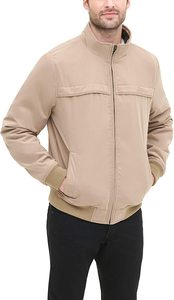 <b>Men's</b> <b>Khaki</b> Bomber Jacket Stand Collar Zipper Closure Windproof Casual Autumn Wear Polyester Cotton Blend Regular Fit - Product Image 4