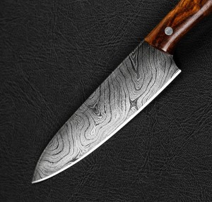 Custom Handmade Ambidextrous Modern Style Utility <b>Knife</b> with 4-5.9in Damascus Steel Blade and Rose Wood Handle in Leather Sheath - Product Image 3