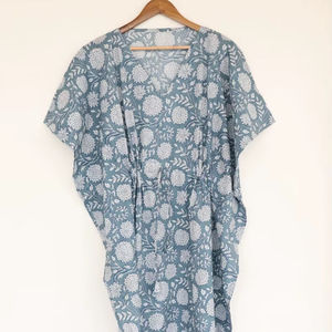 Boho Hand Block Printed Cotton <b>Kaftan</b> Breathable Summer Loungewear <b>Dress</b> - Product Image 1