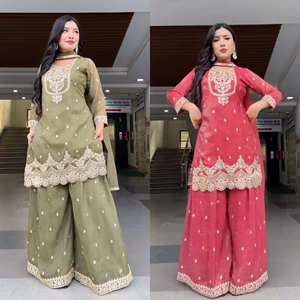 NUEVO DISEÑO LANZADO: SHARARA PALAZZO DUPATTA Salwar Kameez, Seda Pesada Reversible con Bordado de Lentejuelas de 5mm y Mangas Completas - Product Image 1