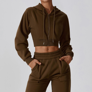Custom Printed Front Winter <b>Knitted</b> Eco-Friendly Sportswear <b>Women</b> Crop Top Zip Hoodies Sweatpants <b>Jogger</b> Sets Drawstring Hooded - Product Image 3