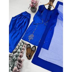 Salwar Kameez de Seda Azul de Karma Fashion Designer, Hermoso Conjunto de Top, Pantalón y Dupatta, Talla M, para Fiestas - Product Image 5