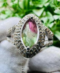 Vintage Bio Tourmaline Marquise Cut Natural <b>Crystal</b> Cocktail <b>Ring</b> 925 Silver Pave Setting Women's Everyday Wear - Product Image 1