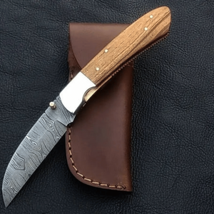 Handmade Damascus Steel <b>Drop</b> Point Folding Pocket Knife Olive Wood Handle Custom EDC Utility Leather Sheath OEM ODM 3-Year - Product Image 1