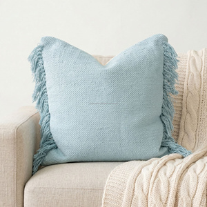 20 × 20 Inch Light Blue Handwoven Cushion Cover Fringe Edge Textured Decorative <b>Throw</b> Pillow Coastal Boho Decor - Product Image 1