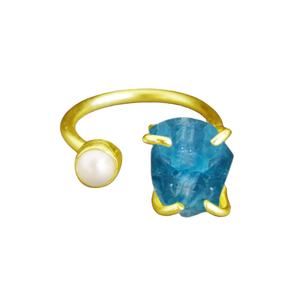 Bague ajustable en argent 925 avec apatite brute et perle – Bijou artisanal pierre de naissance - Product Image 1